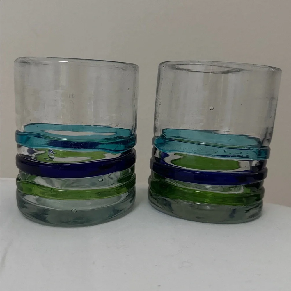 MEXICO HANDBLOWN TUMBLER GLASSES 2 SET STRIPES Cobalt Aqua Green Barware 12 oz